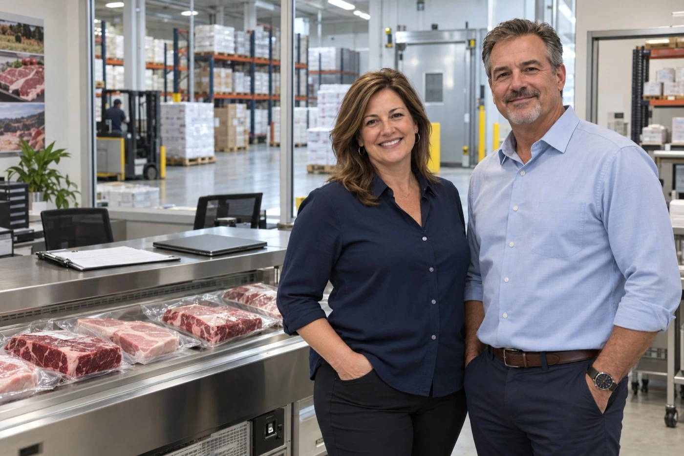 Two owners of a butcher’s shop standing by the counter