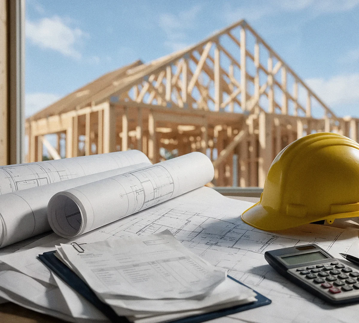 A site office desk with blue architectural drawings and a yellow hard hat, a house frame through the window behind