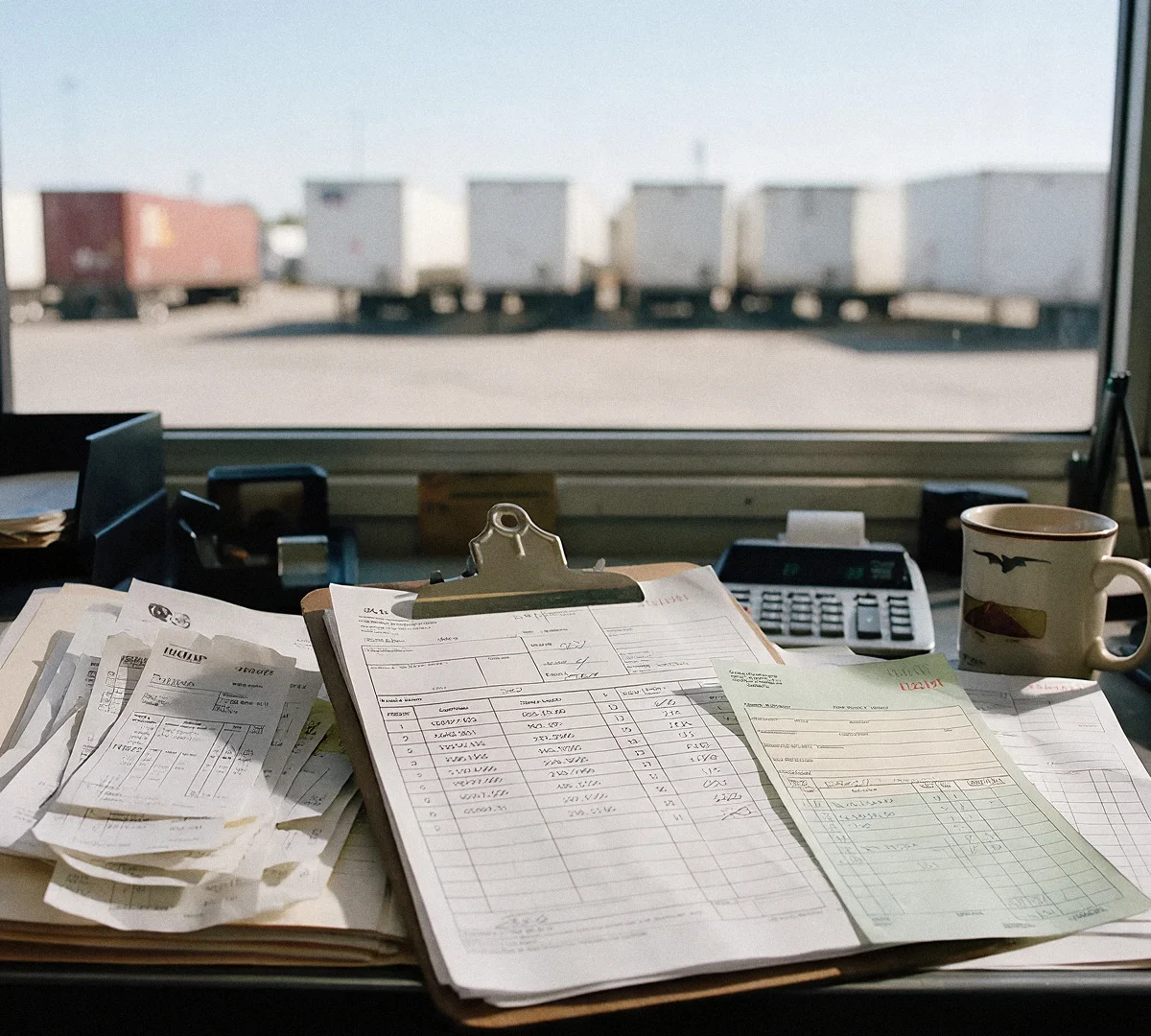 A dispatch desk with delivery manifests and a clipboard, a yard of parked trailers through the window behind