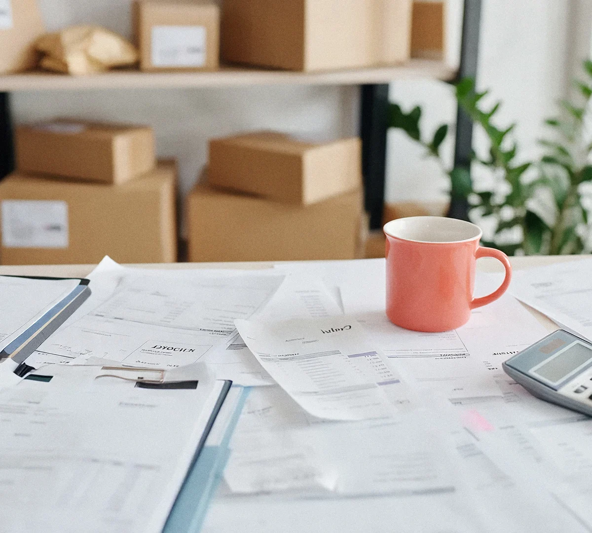 A desk with printed customer orders and invoices, shelves of kraft shipping boxes behind