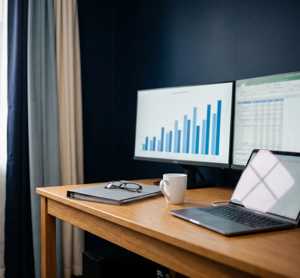Two screens showing a chart and a spreadsheet on an oak desk in a small accounting office
