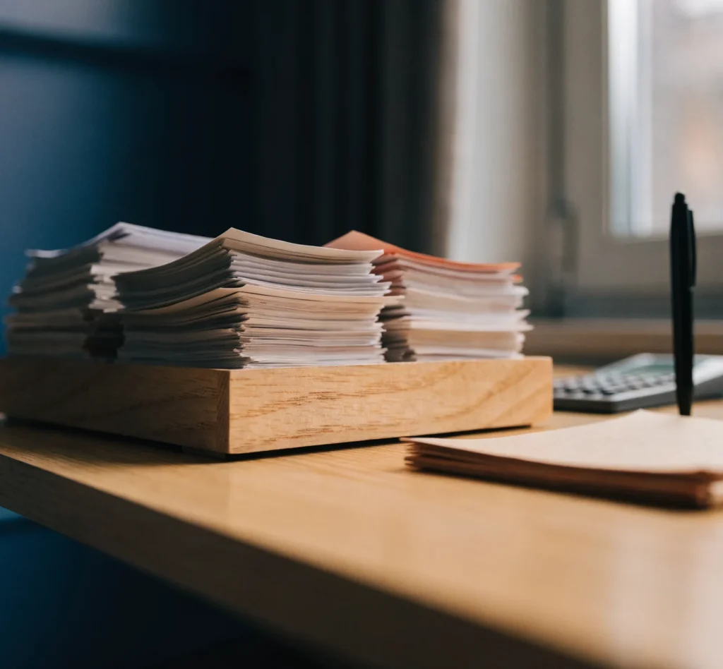 A stack of receipts sorted into a wooden tray on a tidy bookkeeper's desk