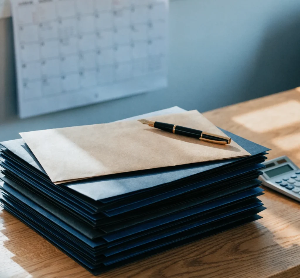 A squared stack of document folders and a kraft envelope with a pen, a wall calendar behind