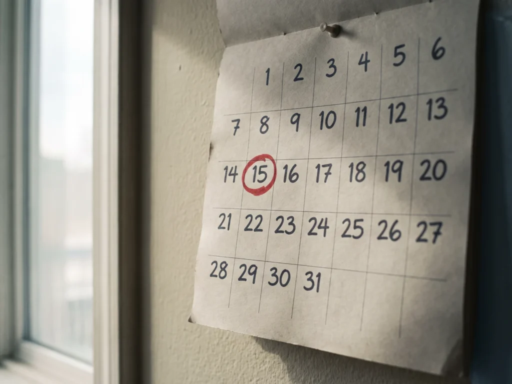 A paper wall calendar by a window with the 15th circled in red