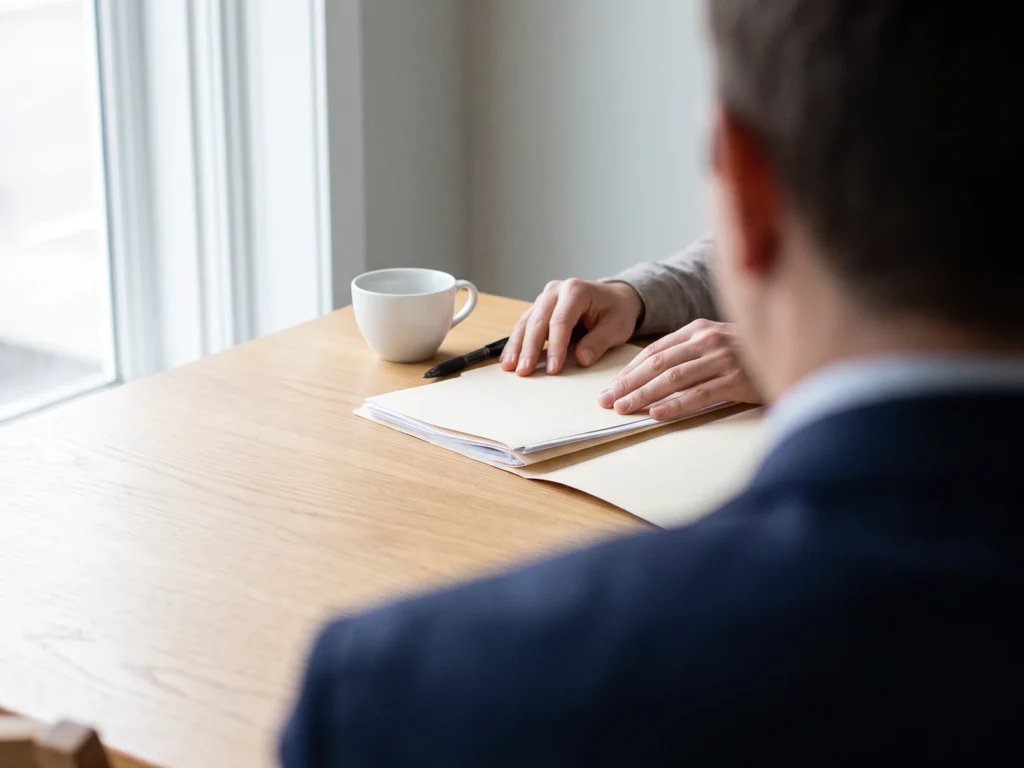 An adviser's shoulder in the foreground and a client's hands resting on an open folder of documents across a table